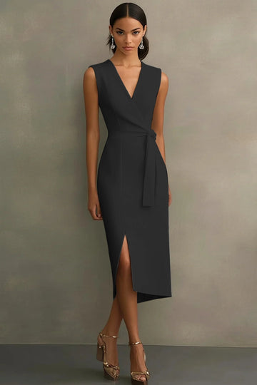 Black Satin V-Neck Bodycon Long Formal Dress with Sash